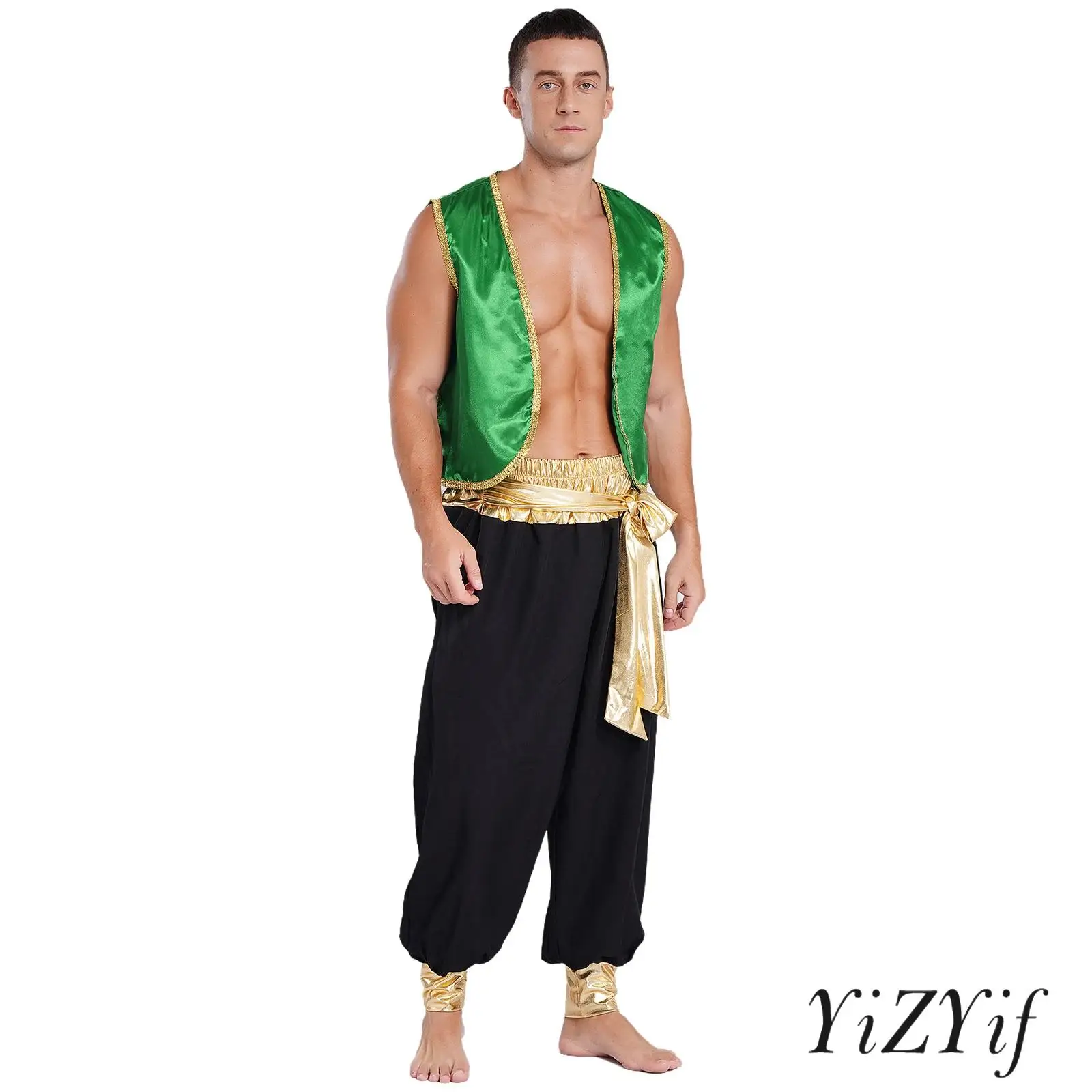 

Arabian Prince Cosplay Role Play Mens Costume Set Sleeveless Waistcoat Open Front with Elastic Waistband Patchwork Pants
