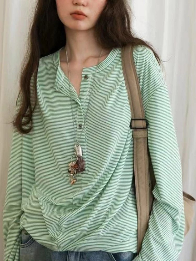 Women's Colorblock Striped Basics T shirt Spring Autumn Loose Pile Pleated Henry Collar Long Sleeve Blouse Summer Cover Tops