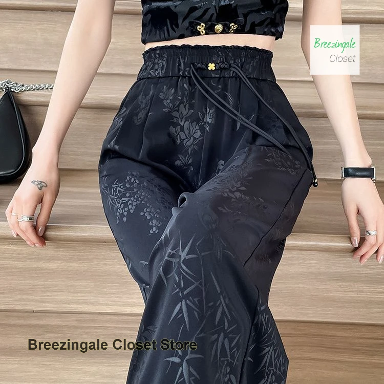

French style black jacquard ice silk wide-leg pants women's summer thin loose slim fashion temperament straight casual pants.