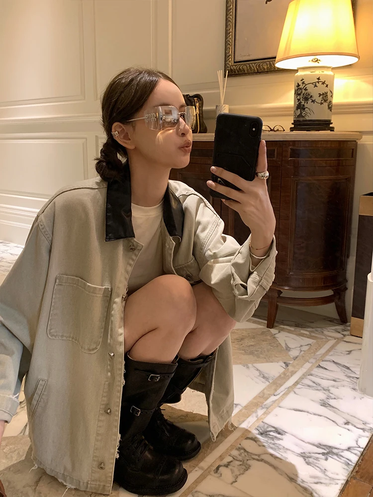 

Винтажная джинсовая куртка Waed, свободный лоскутный кожаный воротник, топ в стиле ретро, хлопковое прямое пальто без рукавов для поездок на работу