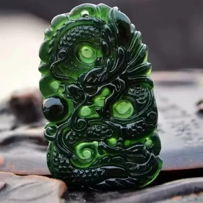 

Natural Dark Green Jade, Hand Carved Dragon Pendant Necklace, Gift, Polished Transparent Green