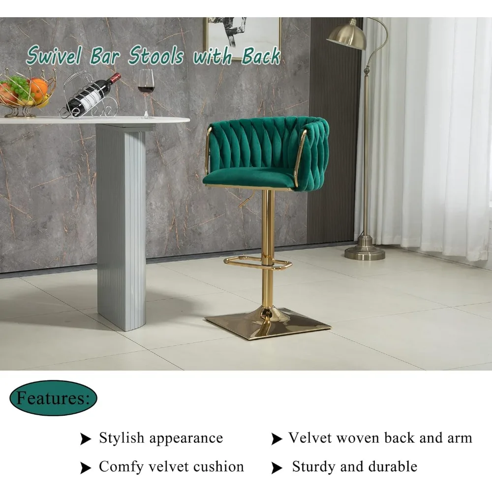 Bar Stool,Velvet Woven Bar Stools,Adjustable Counter Height Swivel Barstools with Low Back and Gold Base for Kitchen Island,Pub