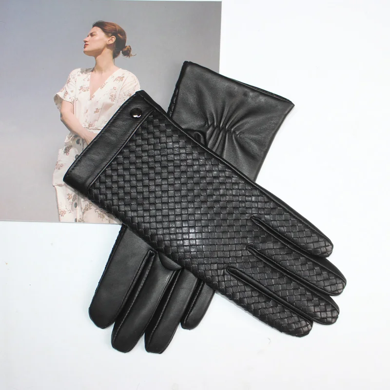 New Women's High end Sheepskin Gloves Touch screen Fashion Sheepskin Woven Warm Wool Knitted Lining Leather Driving Gloves