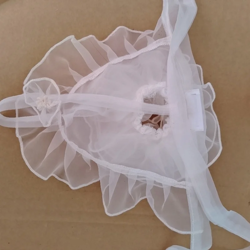 

Мужские стринги из органзы с рюшами и боковой галстуком, фетиш, эротические треугольные брюки, прозрачные удобные трусы с цветочным зажимом, сексуальное нижнее белье