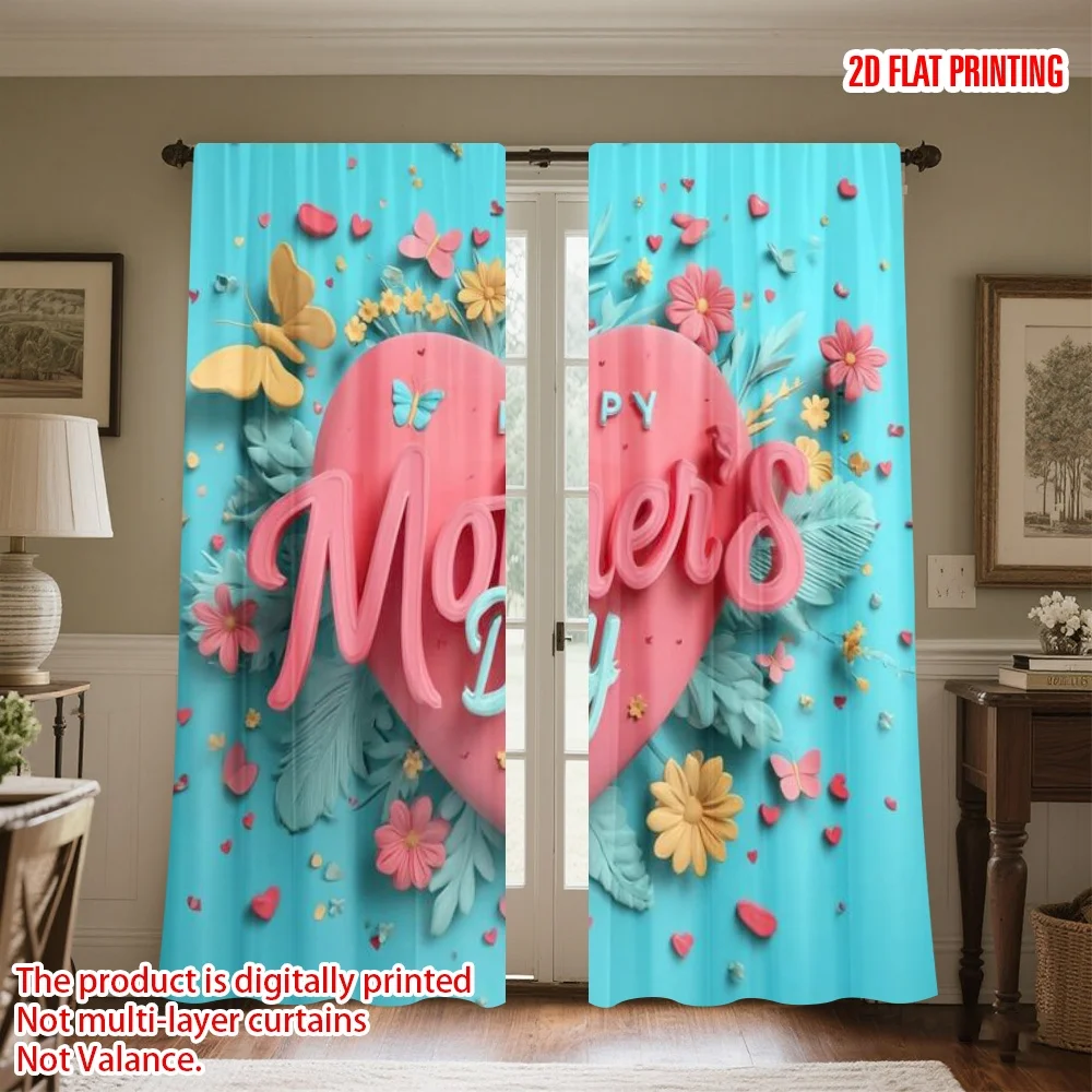 

2D flat printing 2pcs Curtain Curtain Mother's Day Floral Heart(1) Digital Printed Polyester Drapes All Season Party & Holiday