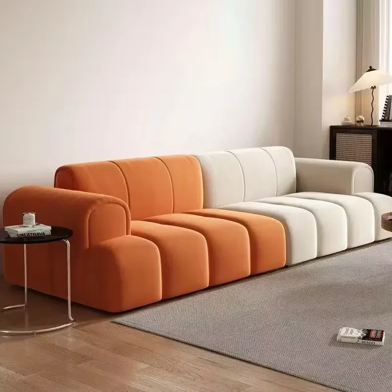 Modern Two-Tone Fabric Sofa Orange and Cream Channel Tufted Couch for Living Room Furniture
