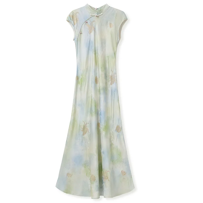 Elegant Silk Satin Cheongsam Dress Women Gradient Watercolor Gold Embroidery Side Slit Long Dress Wedding Guest Evening Date