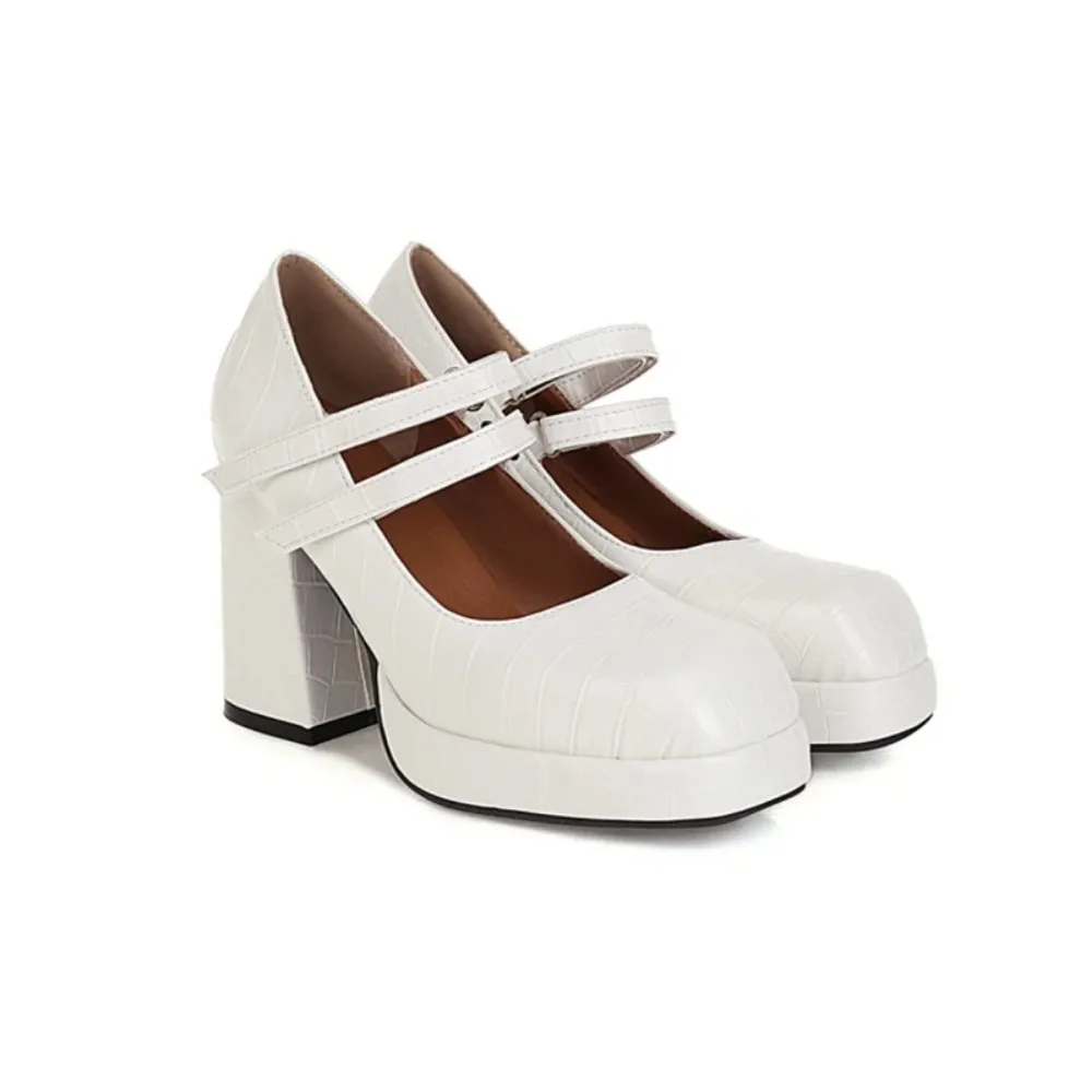 

QPLYXCO Women Shoes Elegant Black White Leather Mary Jane Buckle Strap Platform Heels Shoes Plus Size 46 47 48 1498