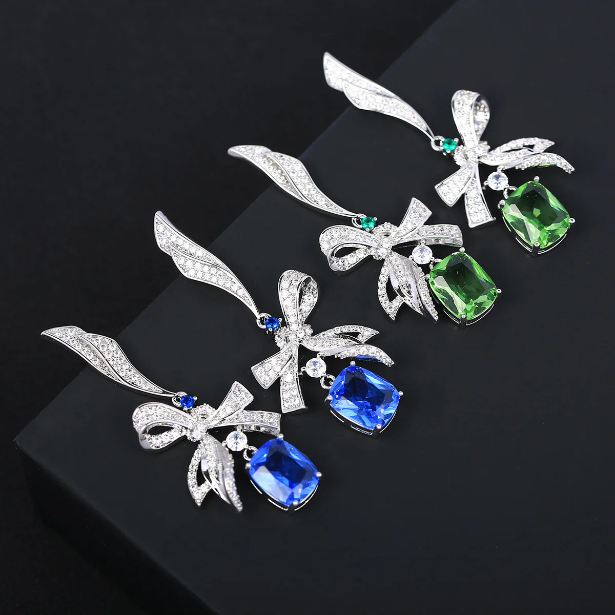 

925 Silver Needle Luxury Bowknot Multicolor Gemstone Drop Earrings, Elegant Bridal Wedding Jewelry Gift for Women