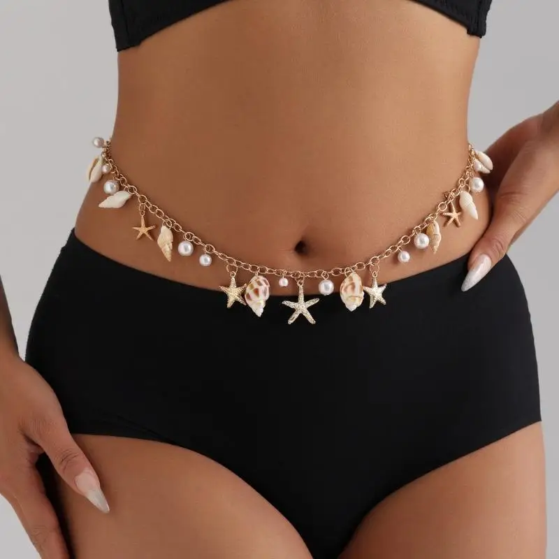 39BC Music Festival Waist Chain With Seashells Star Fish Pearls Decors Body Jewelry Belly Chain For Female Summer Vacation