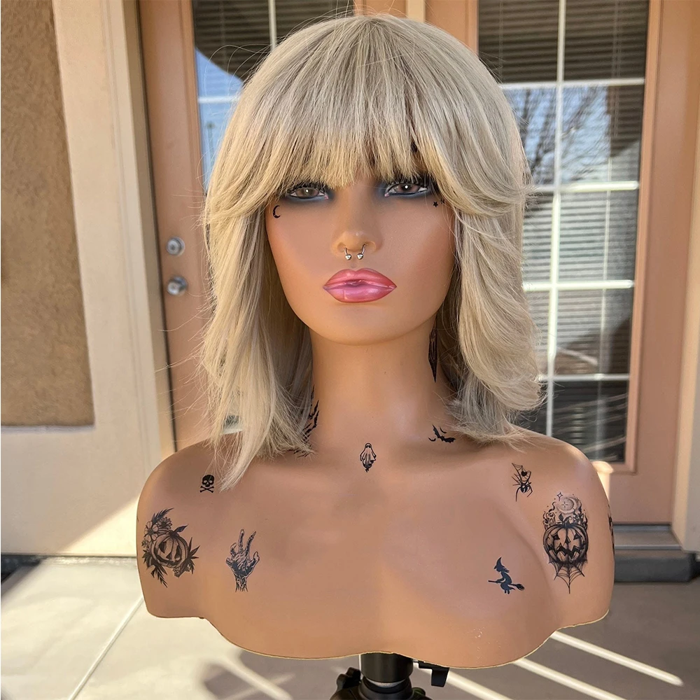 Platinum Blonde Synthetic Lace Front Wig 12 Inch Bob Cut with Bangs and Layers Heat Resistant  Ash Blonde Short Wig for Women