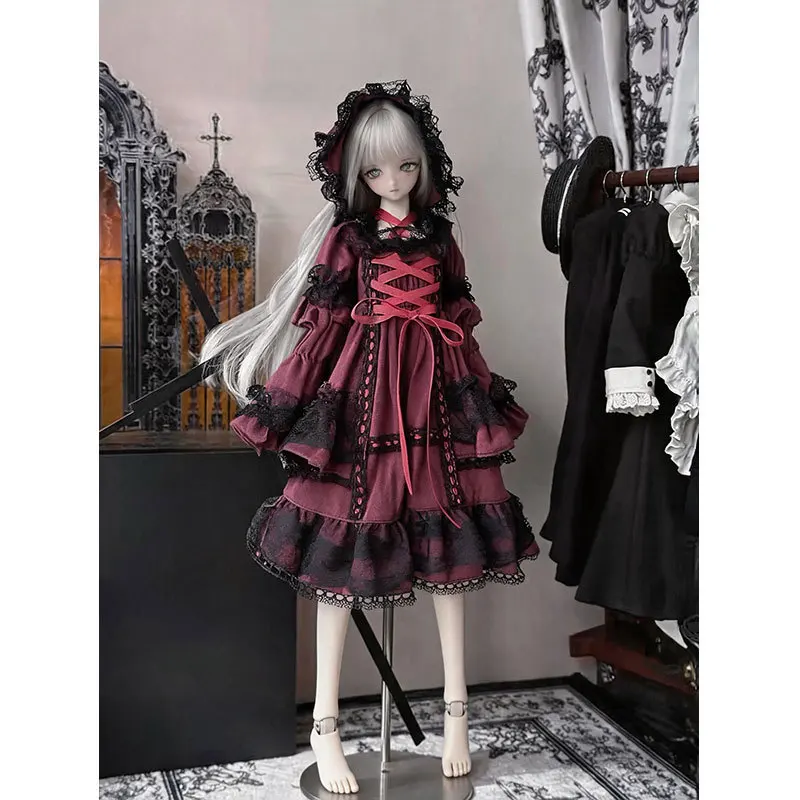 Wine Red Lolita Dress Fits for 1/3 1/4 1/6 BJD Doll Clothes Vintage Gothic Bonnet Gown Set for Ball Jointed Doll Accessories New