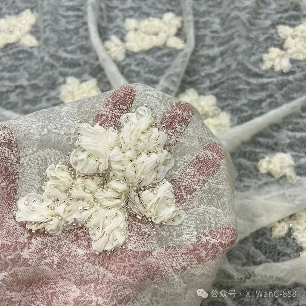 Tecido de Renda 3D em Seda com Bordado Tridimensional para Vestido de Noiva, Fantasia, Artesanato DIY e Decoração