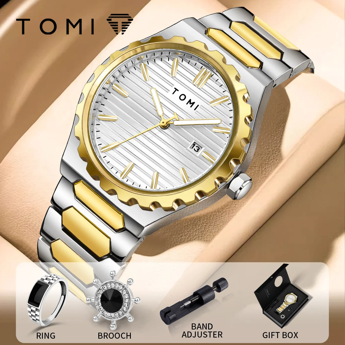 TOMI New 4PCS Luxury Men Watch Gift Set High Quality Steel Strip Striped Dial Calendar Men Quartz Watch Clock Gifts Reloj