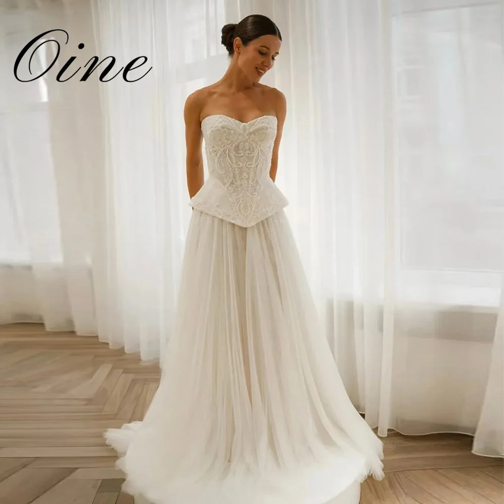 Oine Luxury A Line Wedding Dresses Women's Sweetheart Collar Lace Bridal Gowns Sleeveless Vestidos De Novia Tulle Customized