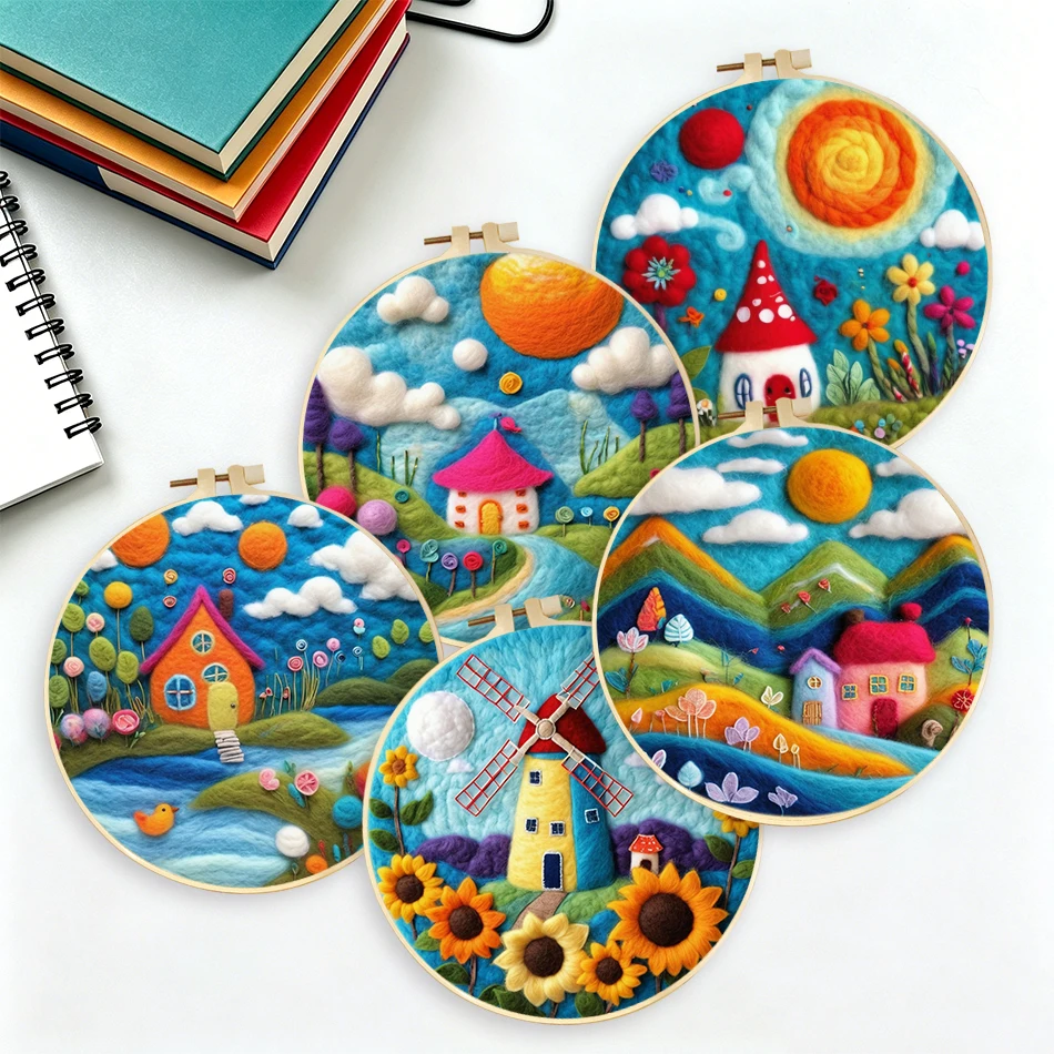 

GATYZTORY 20x20cm Frame DIY Wool Needle Felting Starter Embroidery Kits DIY Wool Scenery Needle Felt Picture Kit Craft Paintings