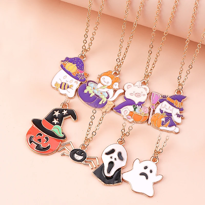 Aihua Niedliche Emaille-Halloween-Kürbis-Halskette, Fledermaus, Mumie, Hexe, Skelett, Augapfel, Halskette für Damen und Herren, Halloween-Party-Schmuck – Detail 1