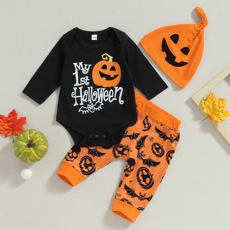 

0-18 Months Toddler Baby Boys Clothes Halloween Outfits Long Sleeve Pumpkin Print Romper Pants Hat Set Infant Fall Clothes