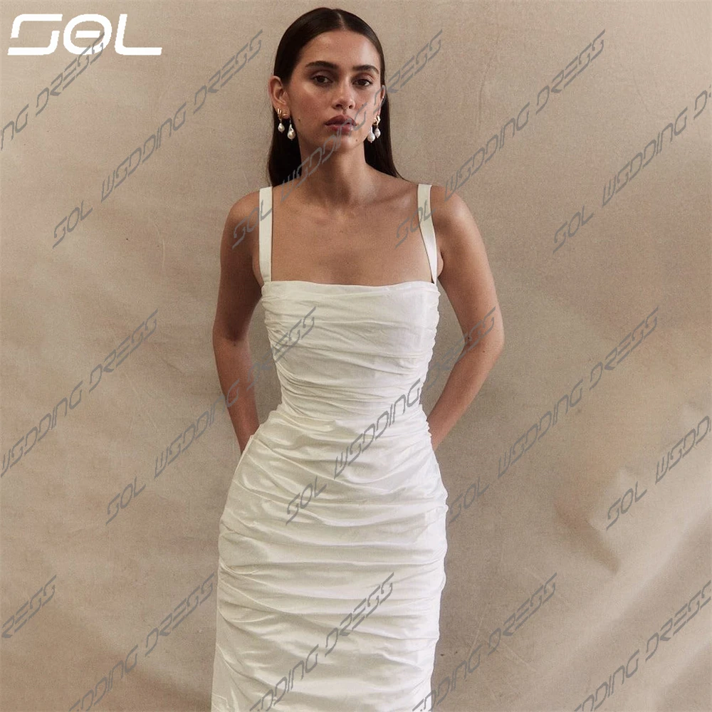 Sol Elegant Square Collar Pleat Satin Wedding Dress For Women Simple Spaghetti Straps Back Up Mermaid Bridal Gown Robe De Mariee