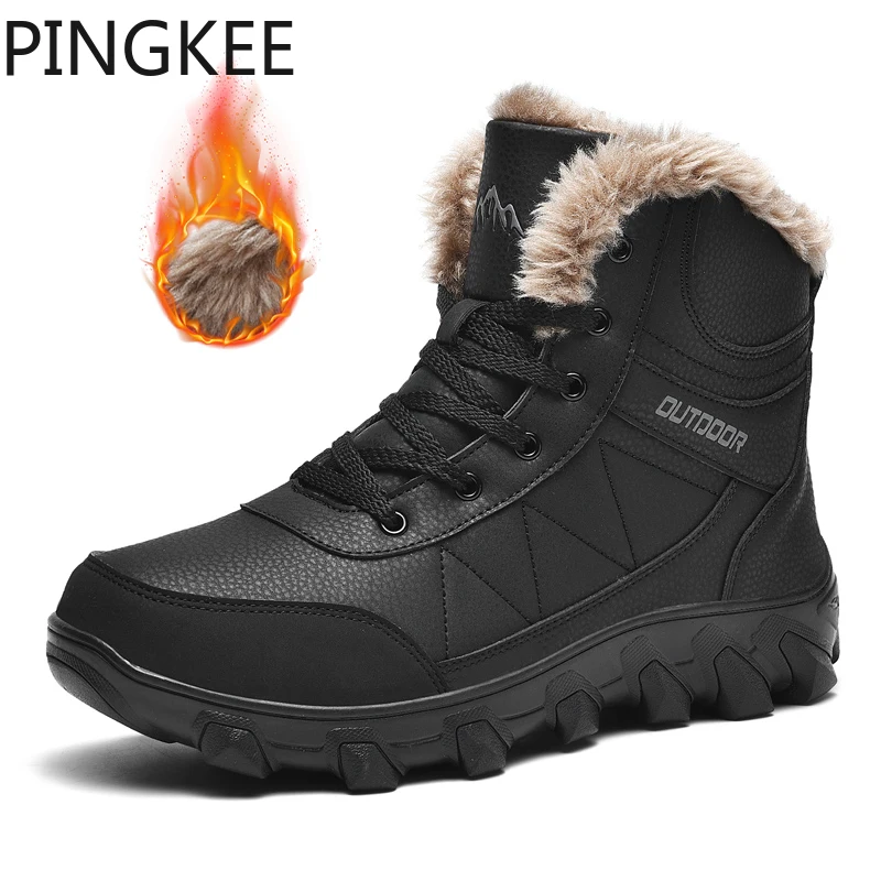 PINGKEE Hiking Backpacking Winter Shoes For Men Full-grain Leather Supportive Rugged Outsoles Men's Mid Waterproof Ankle Boots