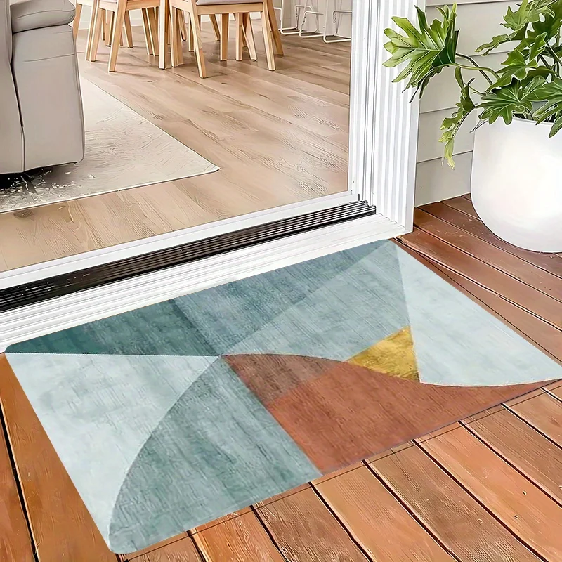 1pc Geometric Print Flannel Door Mat - Vibrant Triangle Design in Green, Blue, Yellow & Brown - Soft, Machine Washable, Indoor