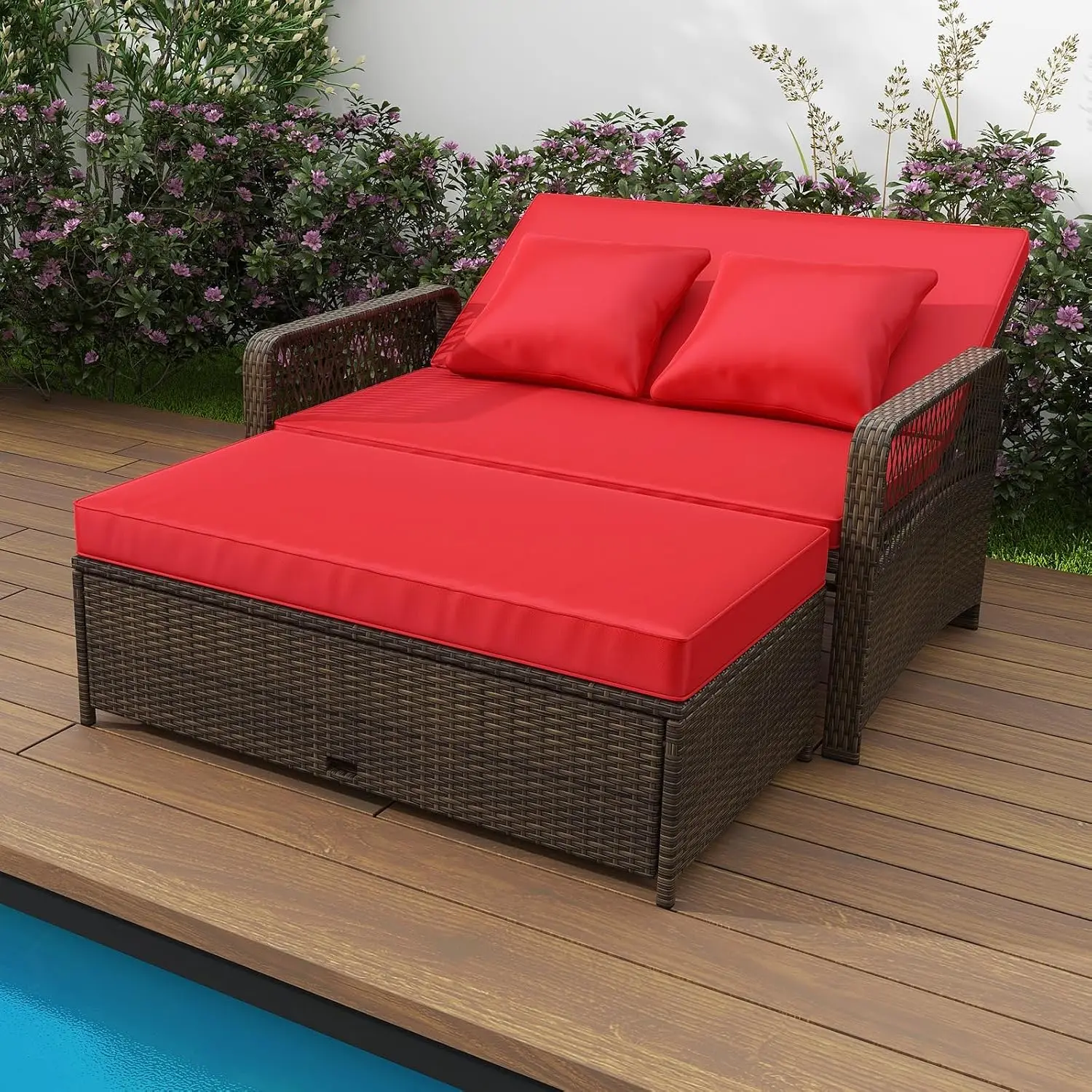 Rattan Daybed With Adjustable Backrest Ottoman & Zipped Cushion, Outdoor Wicker Patio Furniture For Yard Porch Pool, Customized