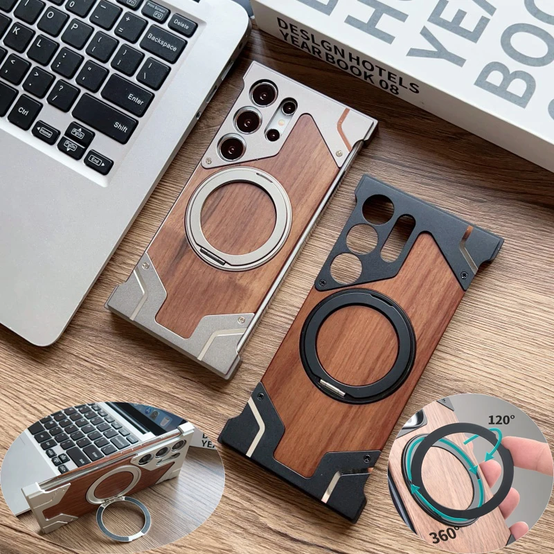 Aluminum Alloy Frameless Wood Case for Samsung Galaxy S25 Ultra/S24 S22 S23 Ultra With Magnetic Holder Wireless Charging Cover