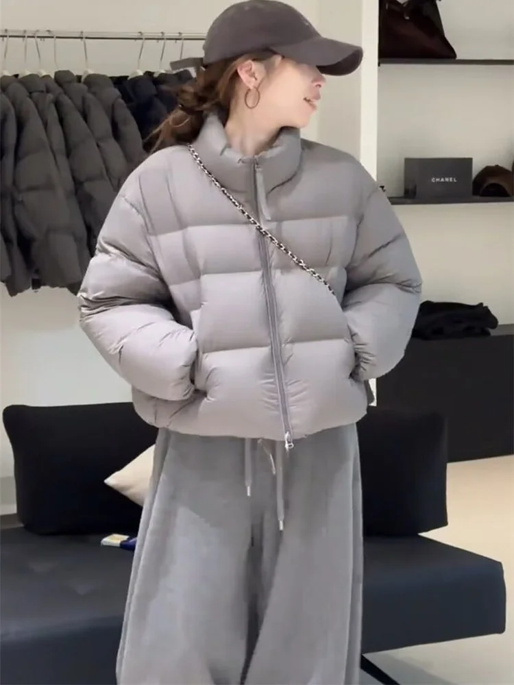 

Women's Short Puffer Jacket White Duck down Stand Collar Thickened Winter Coat Fashionable Versatile Korean Style Long Sleeve