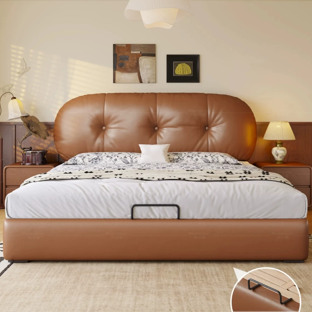 #Toast Bed Genuine Leather Modern Soft Pack Full Size Storage Leather Bed Queen 1.8m Cream-colored Style