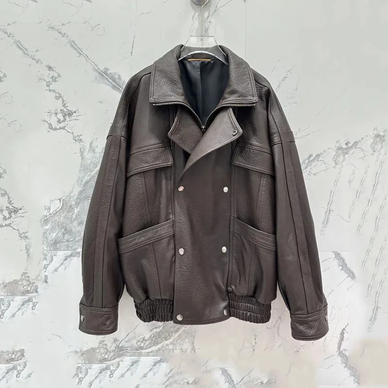 Lussuoso cappotto di pelle di pecora da donna Autunno Inverno 2025 Moda fibbia a doppia fila in vera pelle naturale vestibilità ampia