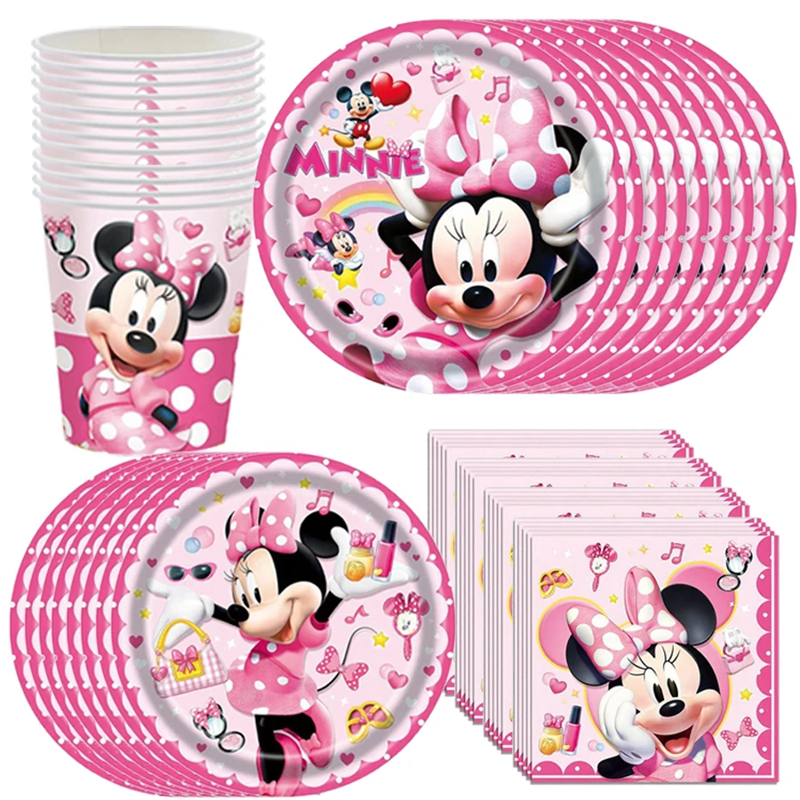 

Minnie Mouse Birthday Party Decoration Tableware Cups Plates Napkins Stamps Bracelets Minnie Toys Party Favor Christmas Filling
