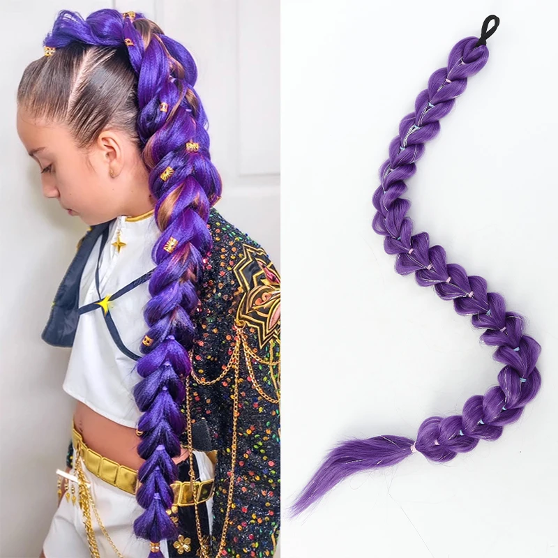 الأرجواني kpop مجموعة الصيد الساحرة رومي تأثيري شعر مستعار أنيمي مع نفس عقال موضوع ذهبي شعر مستعار ذيل حصان جديلة #1