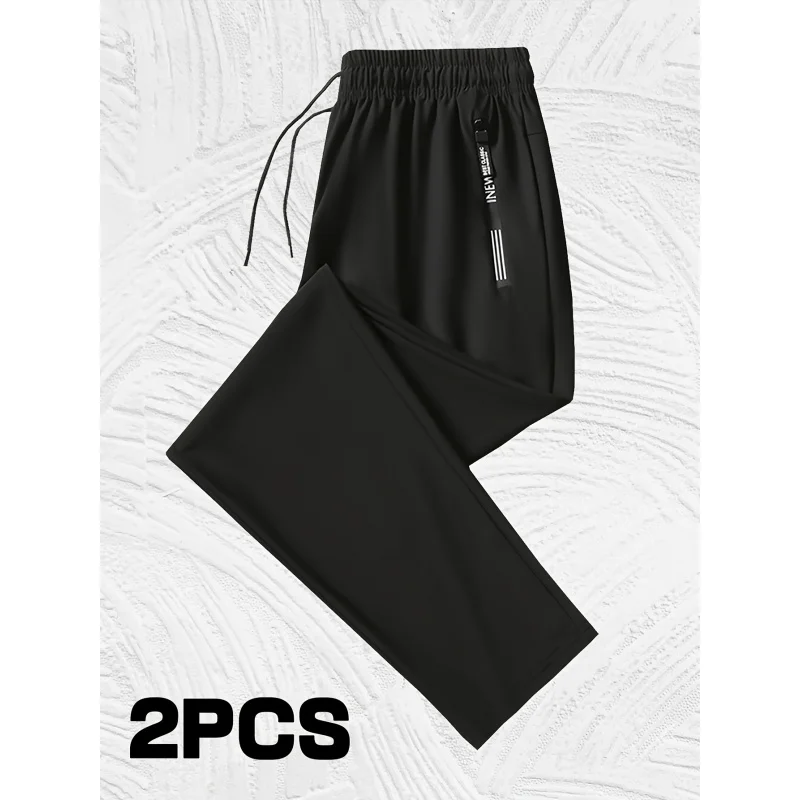 2 Pieces Men's Quick-drying Breathable Sweatpants High Elastic Nylon-Spandex Fabric Straight Gym Running Pants Man Trousers