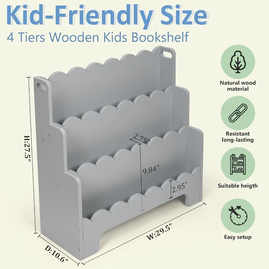 Wooden 3Tier Scalloped Bookshelf for 's Rooms FrontFacing Toddler Montessori Bookshelf Ideal for Baby Nursery Classroom and Hom