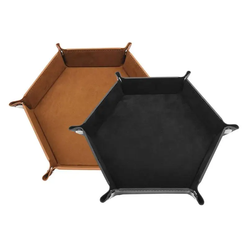 Rolling Folding Hexagon Dice Game Storage Tray PU Leather&Velvet Mat Holder Double Sided Thick Office Supplies Storage Tools