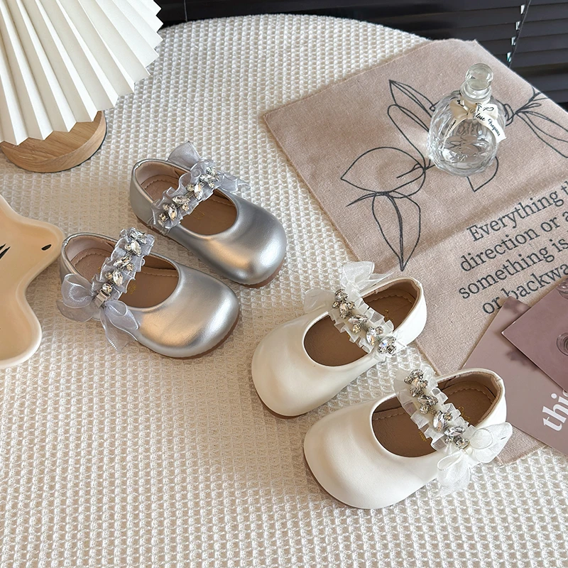 Girls Rhinestone Mary Jane Shoes with Bow-knot 2026 Summer Kids Princess Flats Shoes Baby Girls Party Wedding Dress Shoes