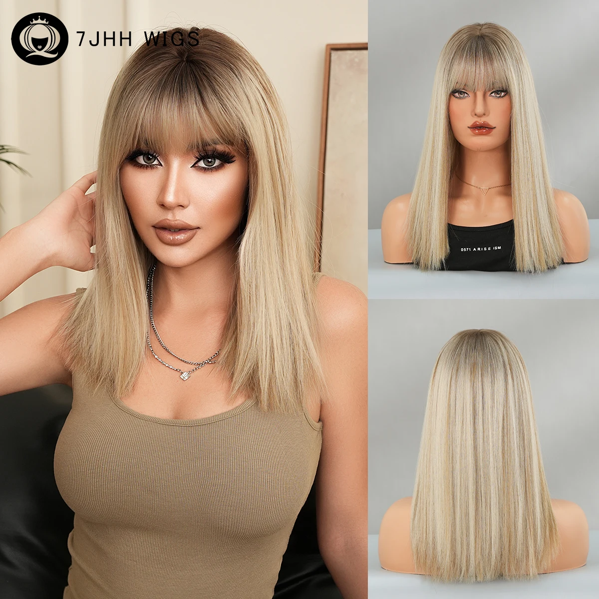 Shoulder Length Straight Blonde Wig for Women Synthetic Layered Heat-Resistant Modest Fashion Wear and Go Wigs with Dark Roots
