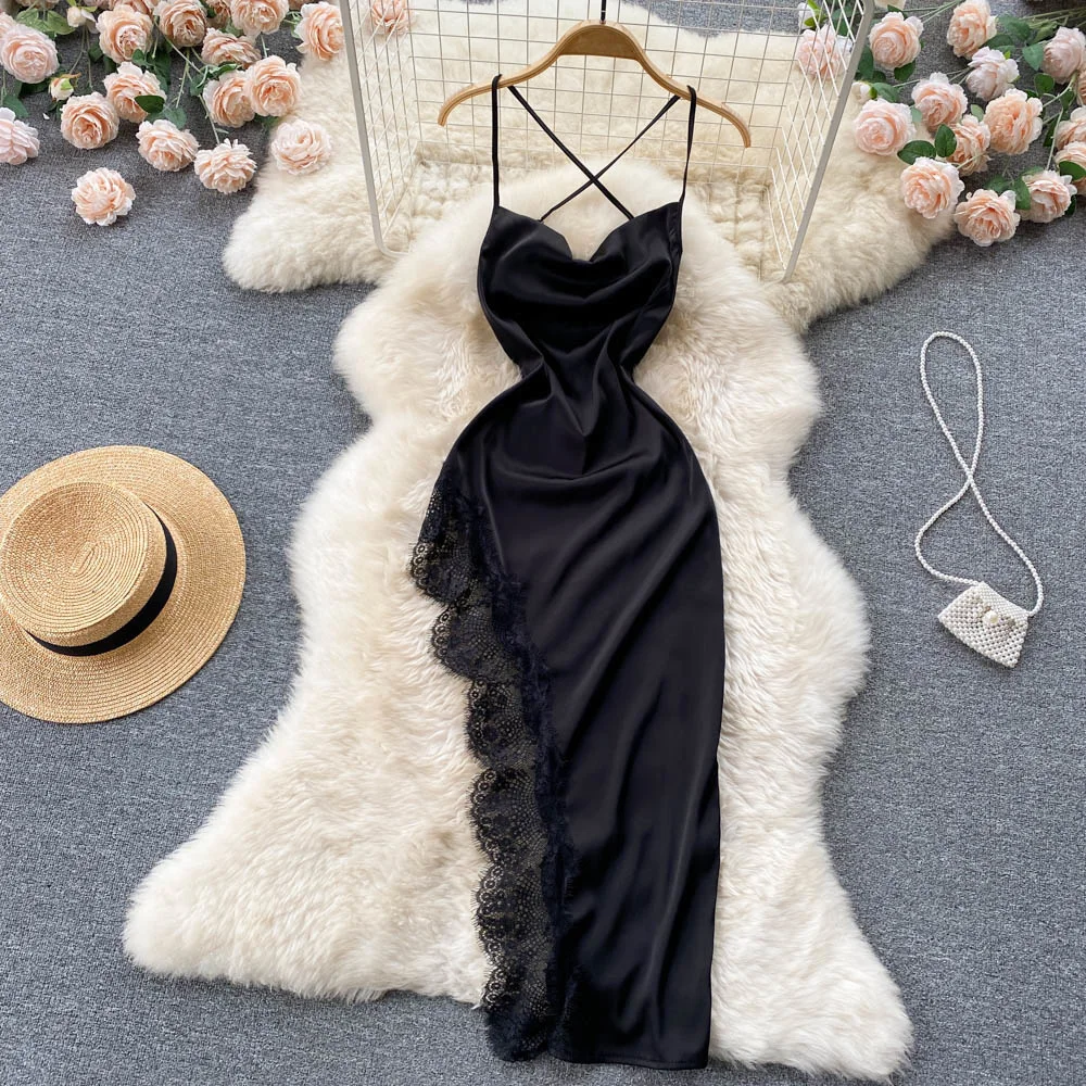 Sexy Floral Lace Patchwork Satin Dress Women Fashion Summer Spaghetti Strap Criss Cross Backless Irregular Midi Club Party Dress