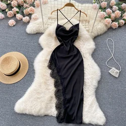 Sexy Floral Lace Patchwork Satin Dress Women Fashion Summer Spaghetti Strap Criss Cross Backless Irregular Midi Club Party Dress