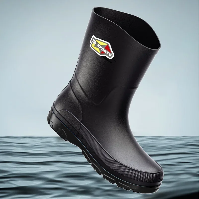 Botas de lluvia a media pantorrilla para hombre, botas de pesca negras puras, antideslizantes, talla grande 39-48, zapatos de goma impermeables, respetuosos con el medio ambiente