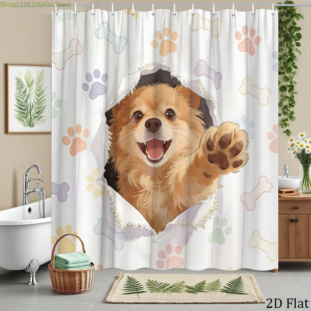 1pc Funny Dog Paw Print Shower Curtain Bathroom Decor Bathtub Partition Hanging Curtain with  Hooks Cute Pet multiple sizes