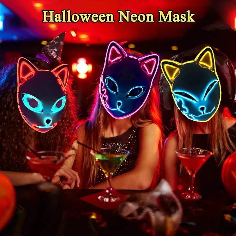 LED Glowing Cat Face Mask Cool Cosplay Neon Demon Slayer Fox Masks For Halloween Birthday Gift Carnival Party Masquerade Decor