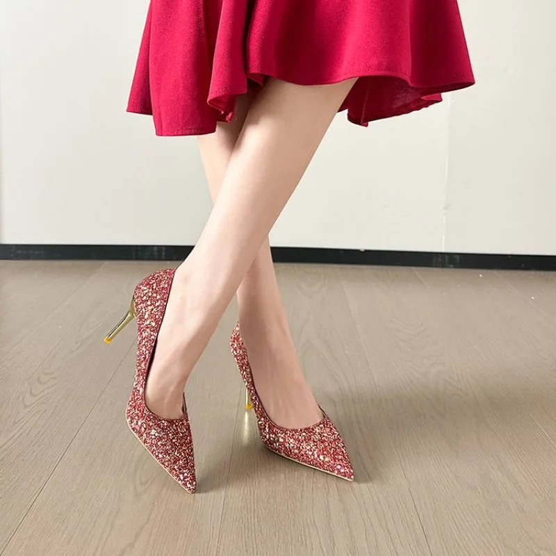 

Autumn New Pointed Toe Sequin Anti-Slip Wear-Resistant High Heels Temperament Slip-on Stiletto Single Shoes