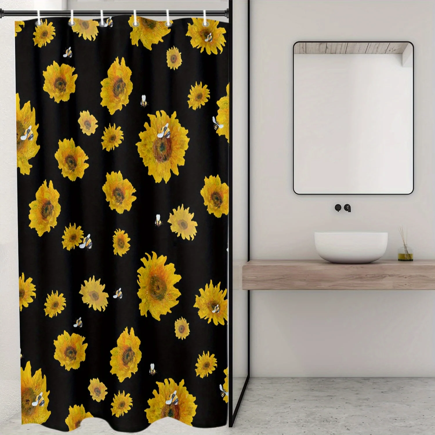 1pc Sunflower & Bee Shower Curtain - Vibrant Black Background with Golden Sunflowers & Bees Design, Waterproof Polyester, Machin