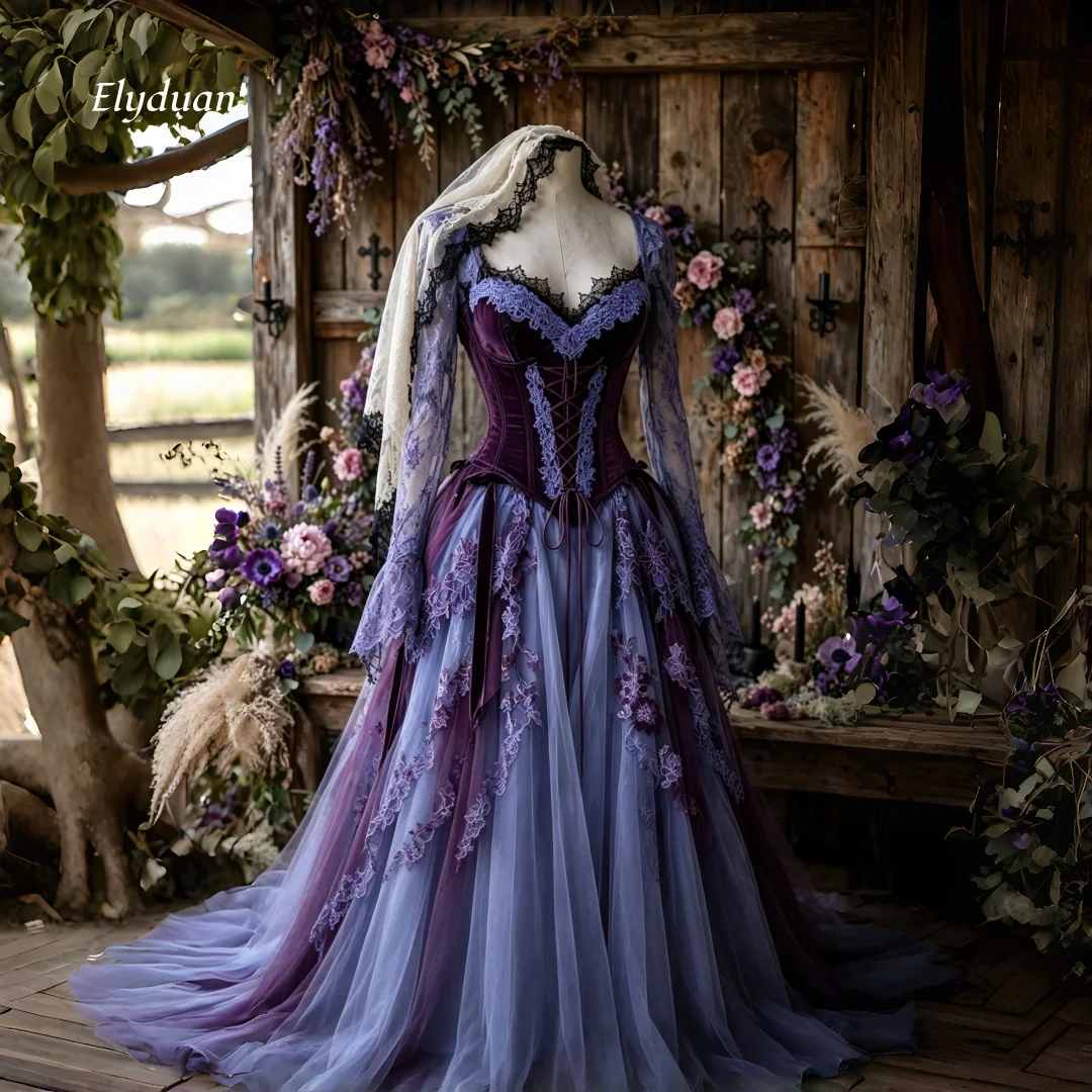 Gothic Dark Purple Lace Wedding Dress V Neck Long Flare Sleeve Corset Ombre Tulle A Line Vintage Fairy Bridal Gown Customized
