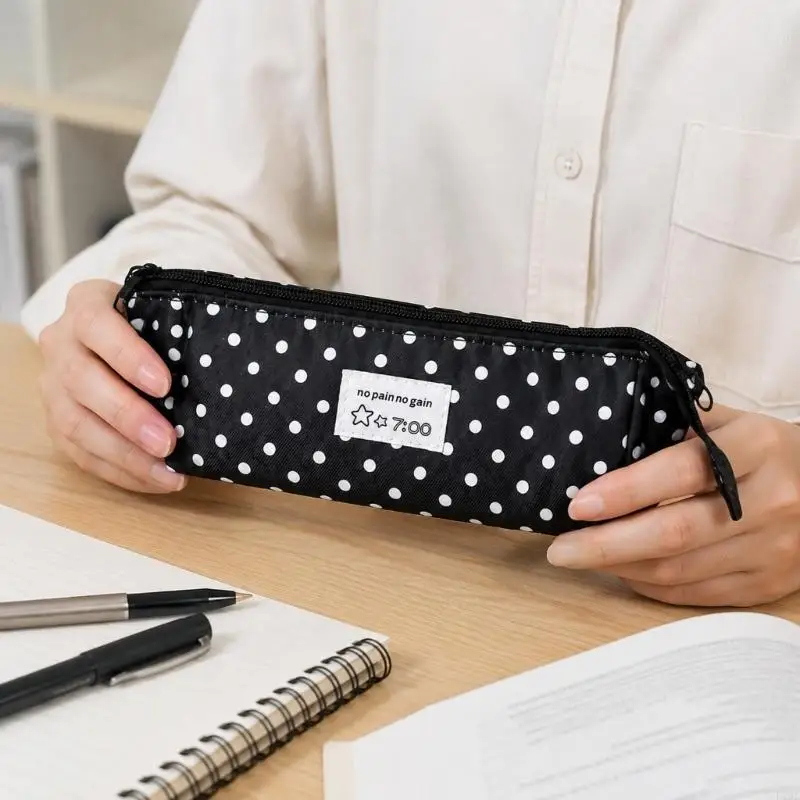Triangular Cotton Pencil Case with Zippers Closure, Round-Dot Pattern, and Room for 20+ Pen, a Eraser, and a Ruler F19E