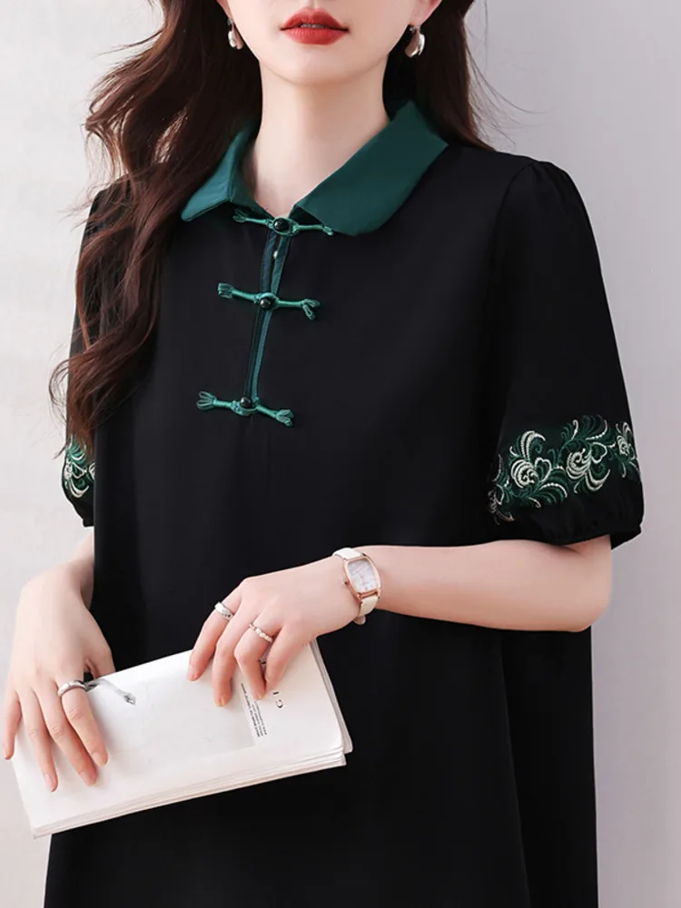 #2838 Summer Black Vintage Blouse Women Polo Collar Buttons Chinese Style Short Sleeve Blouse Female Loose Elegant