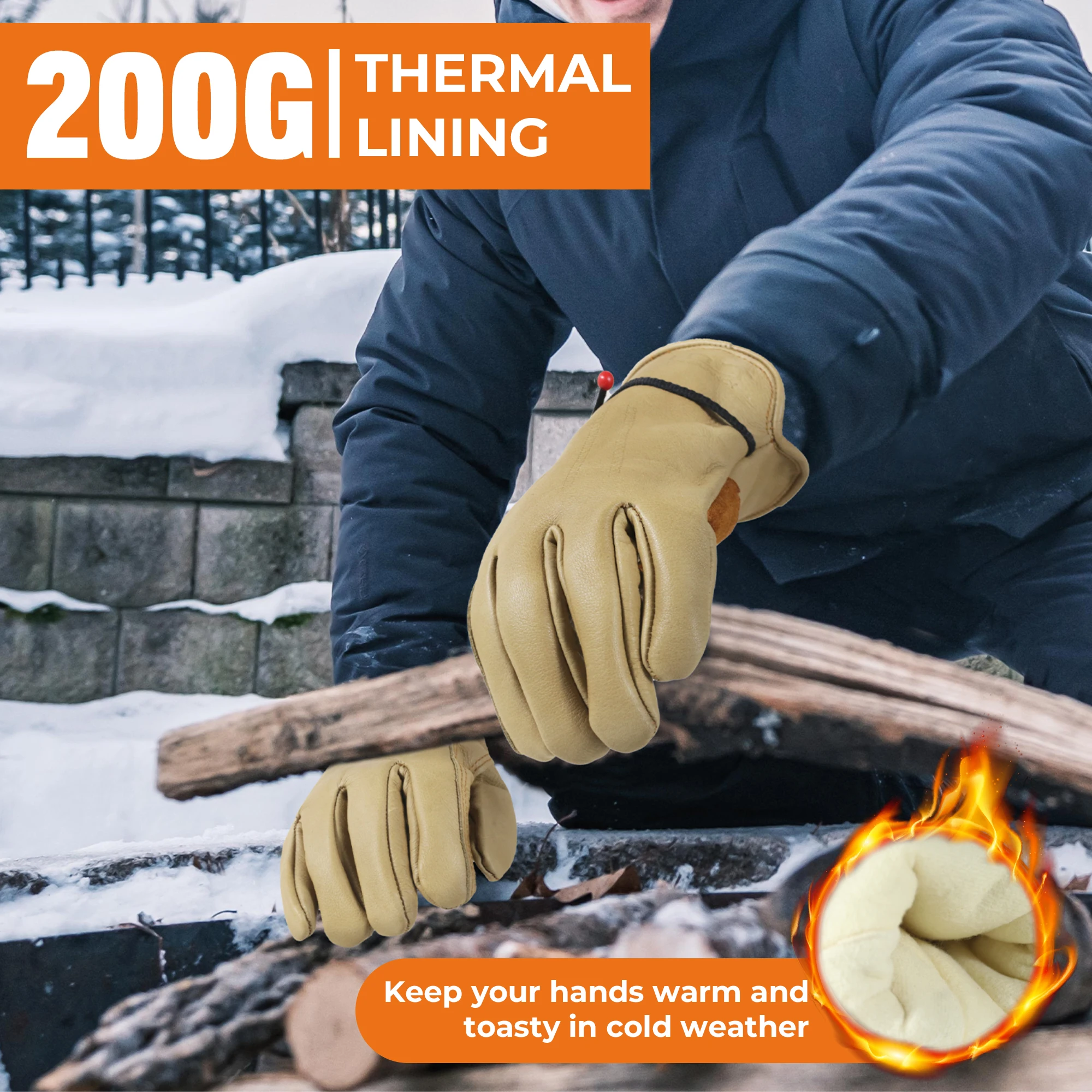 Handlandy luvas de inverno durabilidade tiras ajustáveis motorista ao ar livre inverno forro quente luvas de couro de trabalho