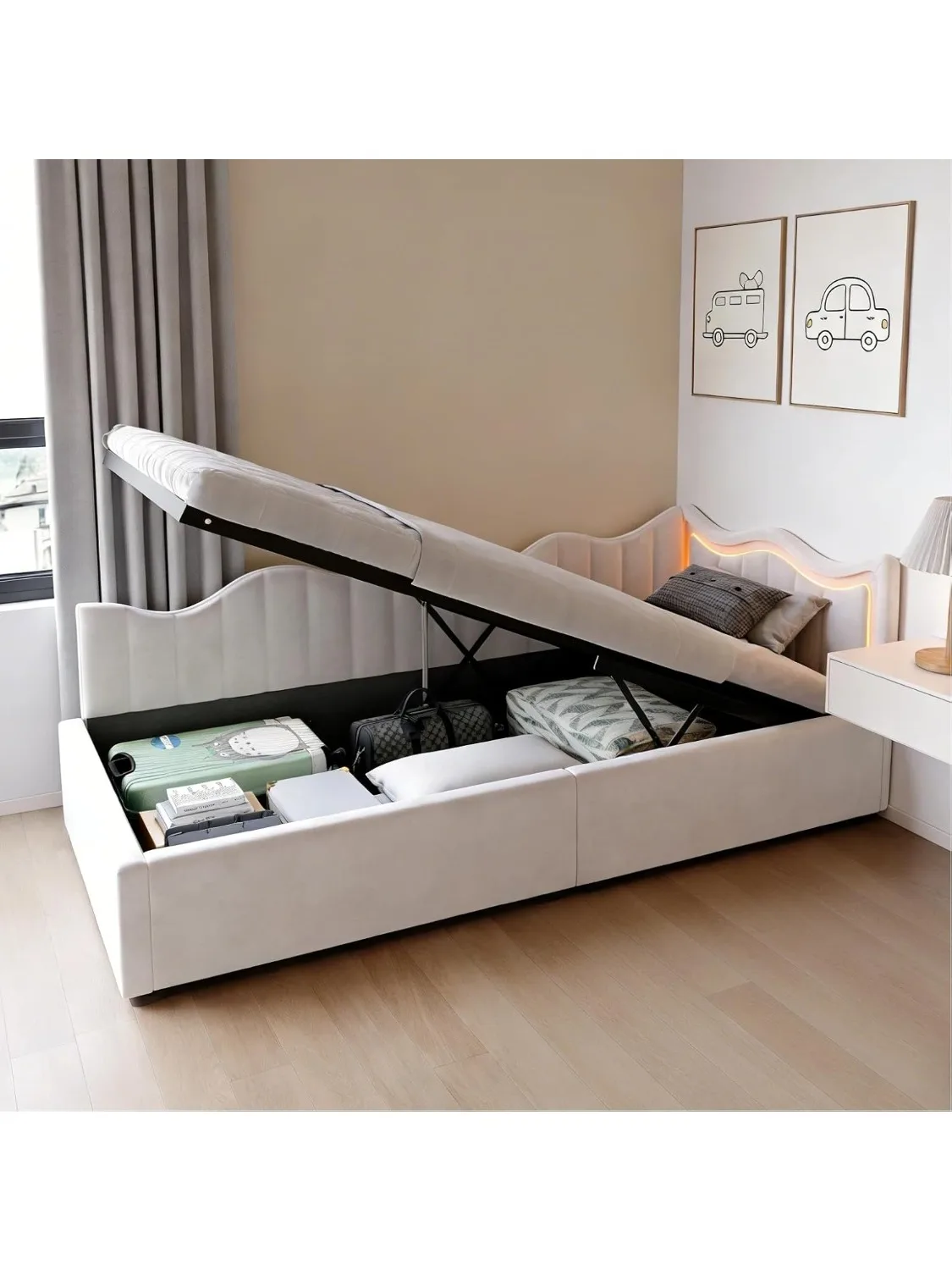 Fangange eenpersoonsbed 90x200cm met opbergruimte, gestoffeerd bed met LED, bedframe met hoofdeinde en lattenbodem, fluweel - afbeelding 2