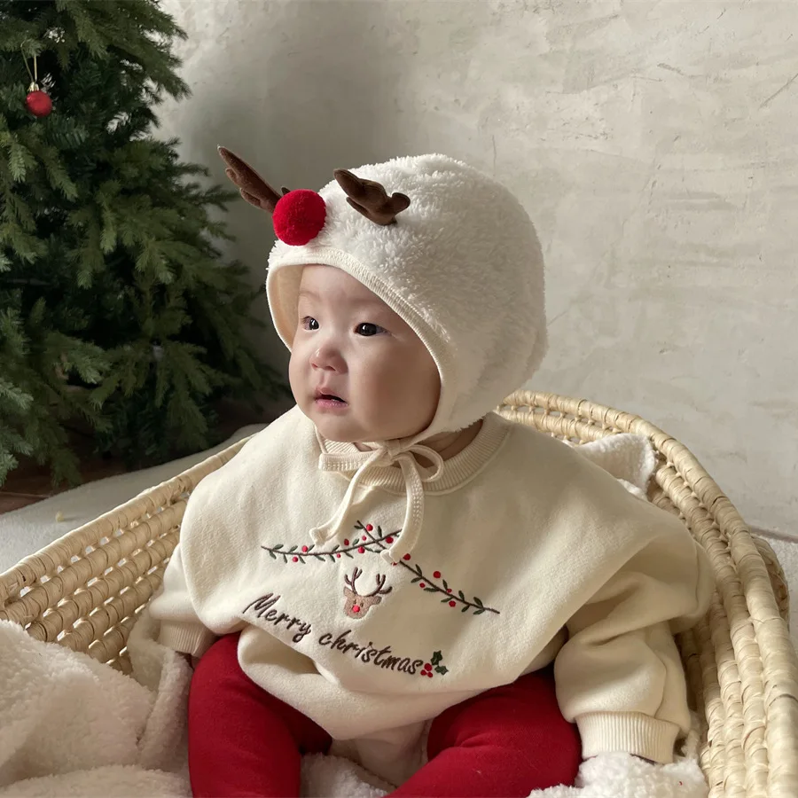 طفل الرنة رومبير عيد الميلاد بيجامة من الصوف شتاء دافئ أفخم بذلة للرضع بنين بنات لطيف الحيوان زي لعيد الميلاد